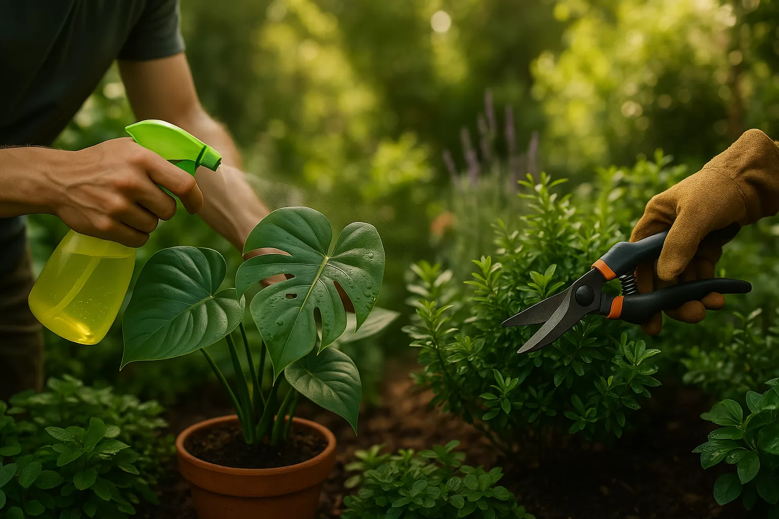 Imagem horizontal de um jardim impecável com plantas exuberantes e ferramentas de poda, representando o controle integrado de pragas e práticas de manutenção.
