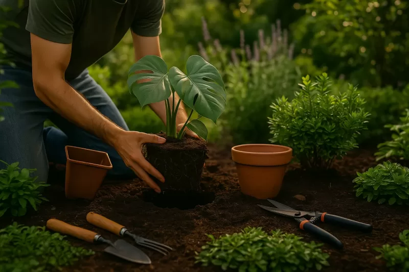Imagem horizontal realista de um jardim revitalizado, com plantas recém-transplantadas e uma composição harmoniosa, representando técnicas de cuidado e crescimento contínuo.