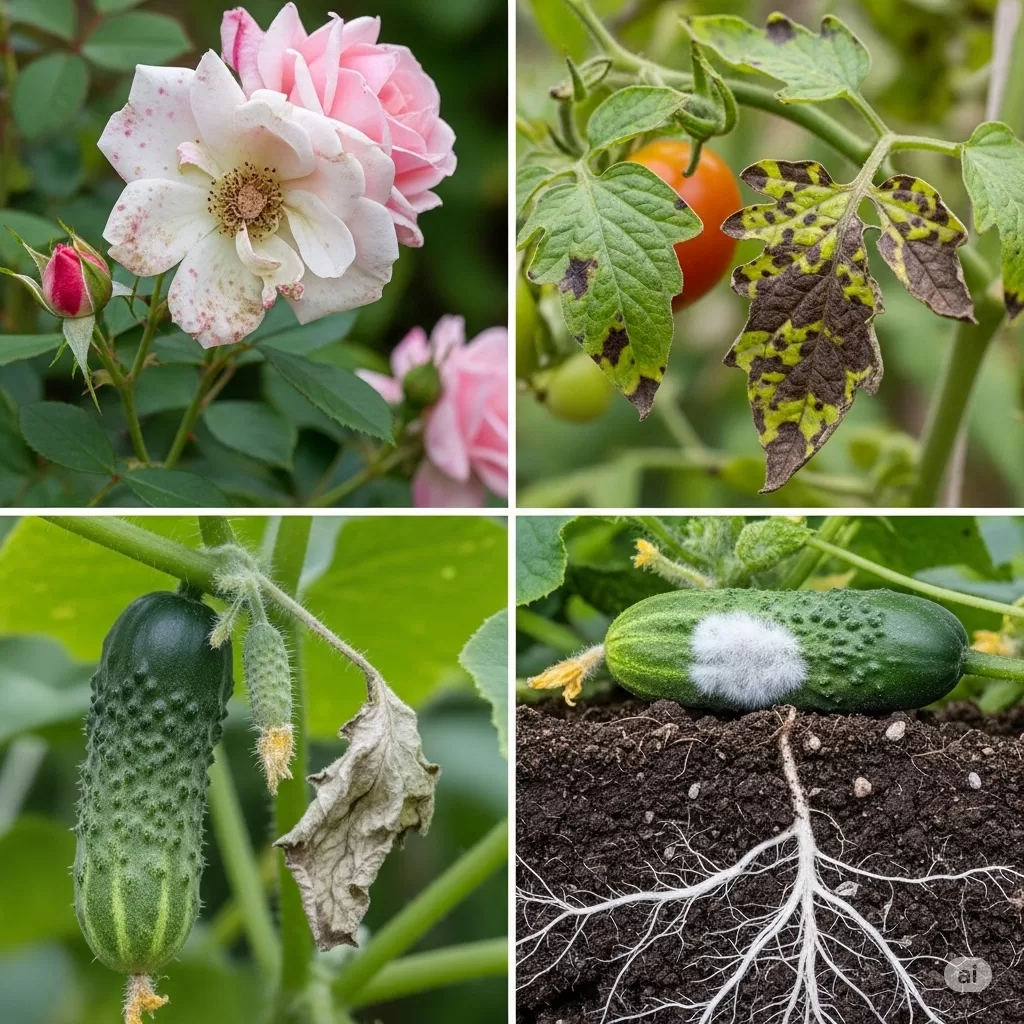 Plantas e suas doenças causadas por fungos e bactérias, como oídio, míldio, podridão radicular e manchas foliares.