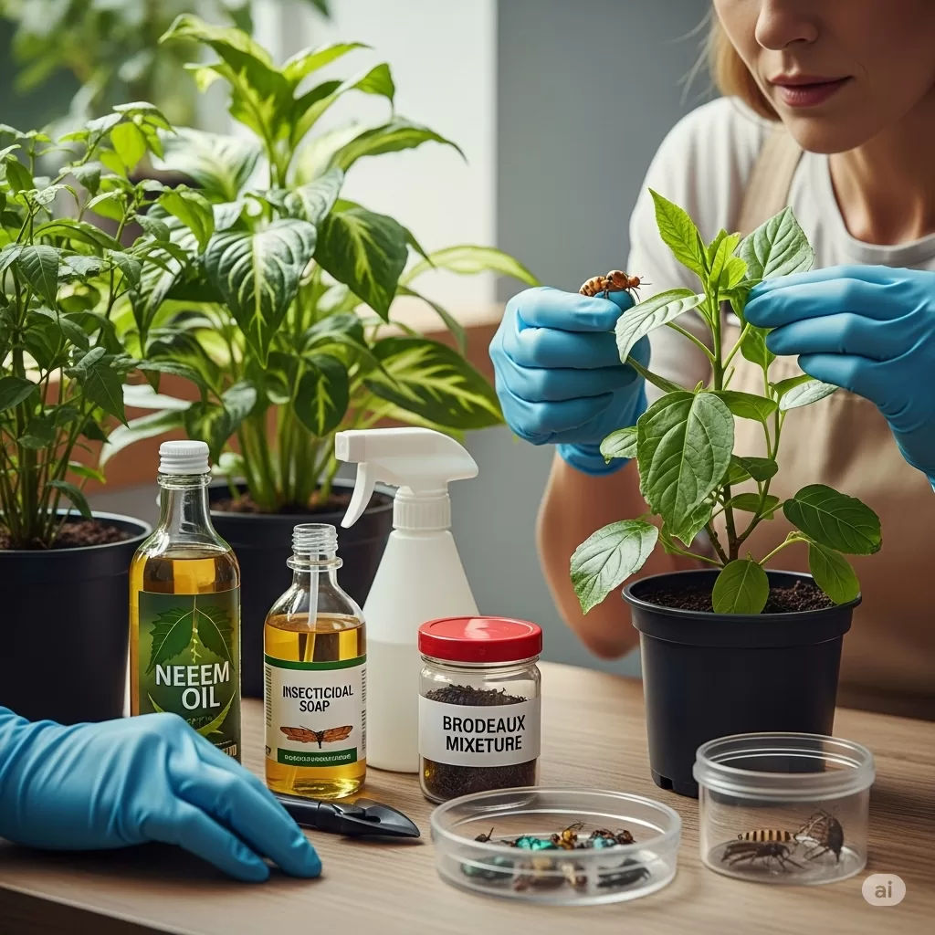 Técnicas e produtos para o controlo de pragas e doenças em plantas, incluindo inspeção regular, quarentena, limpeza, óleo de Neem, sabão inseticida, calda bordalesa e controlo biológico.