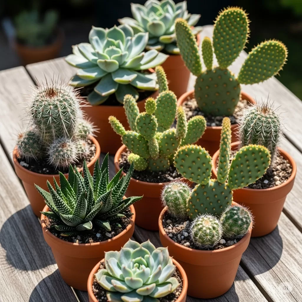 Charmosa variedade de suculentas e cactos em pequenos vasos, criando um arranjo delicado e diversificado.