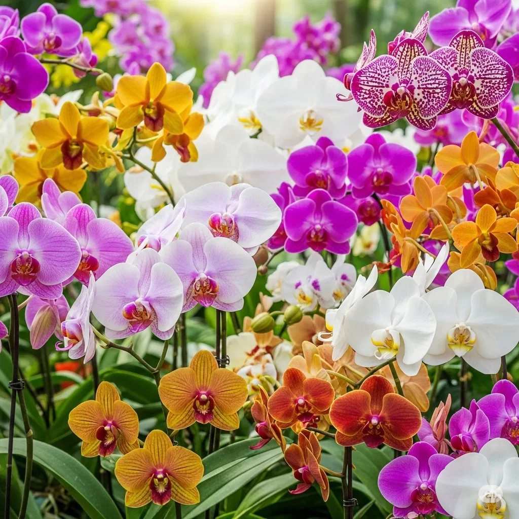 Várias espécies de orquídeas em um jardim.