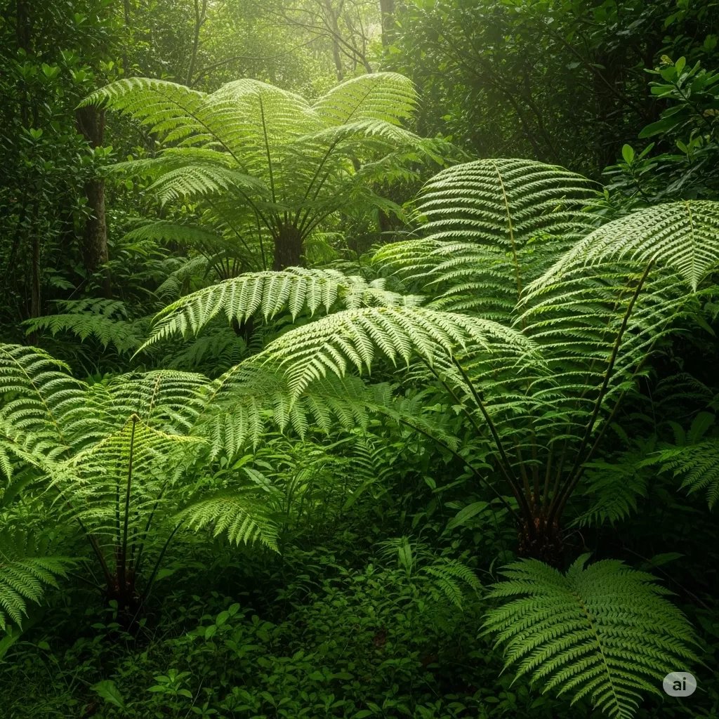 cenário natural exuberante, com o destaque para diversas samambaias. A luz suave que atravessa a folhagem densa cria um efeito de luz e sombra, realçando a textura e as diferentes tonalidades de verde das plantas. A composição transmite uma sensação de tranquilidade e beleza tropical, com as samambaias em seu estado natural, quase intocado.