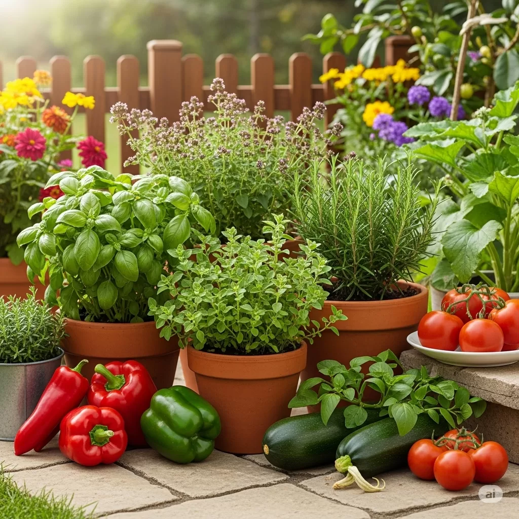Um belo e organizado jardim caseiro, com uma variedade de ervas aromáticas e hortaliças vibrantes, como manjericão, orégano e alecrim em vasos de terracota. Há também vegetais coloridos, como pimentões e tomates, acrescentando um toque de cor. A luz solar quente e suave ilumina a cena, realçando as texturas e as cores vivas das plantas, e o ambiente geral transmite uma sensação de tranquilidade e frescor.