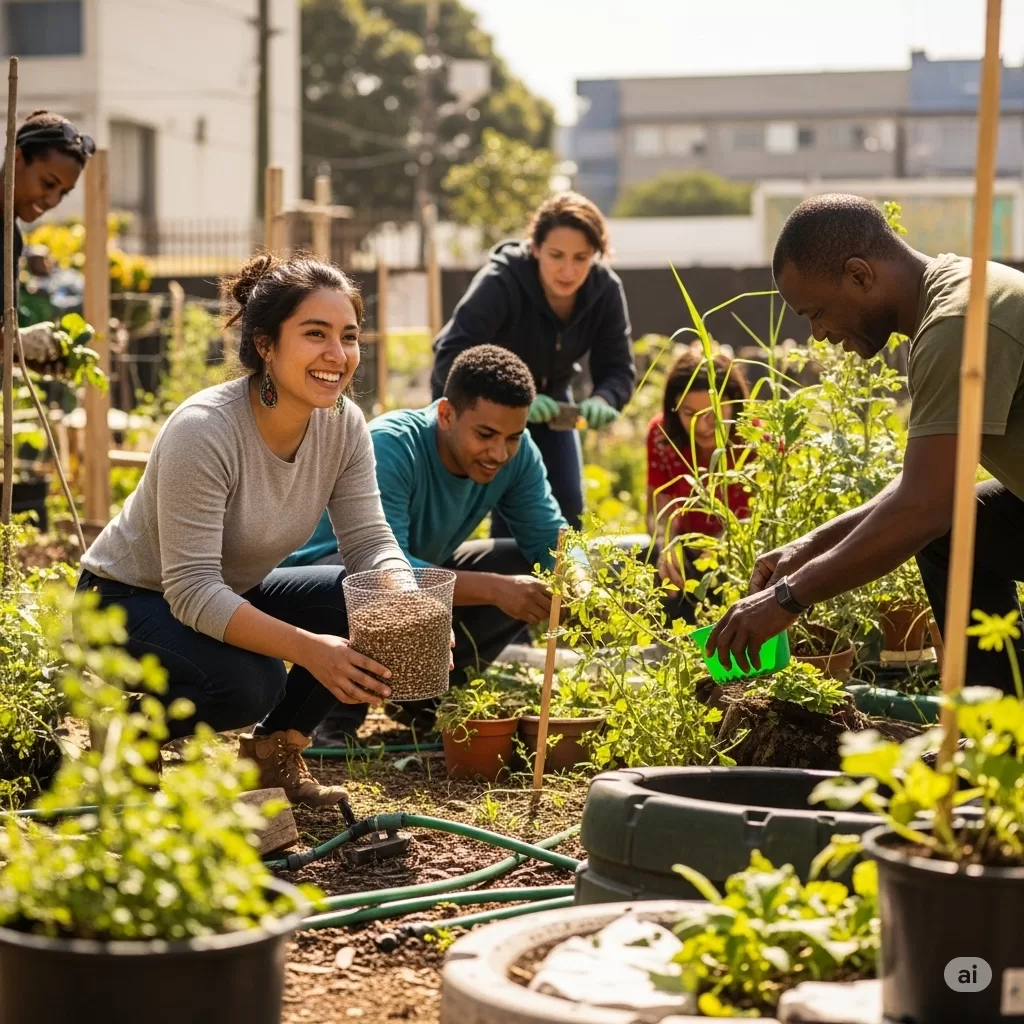 Retrata o conceito de sustentabilidade e consciência no cultivo de plantas. Ela mostra um grupo de pessoas, incluindo uma jovem e um homem, envolvidas em práticas de jardinagem consciente em uma vibrante horta comunitária urbana.