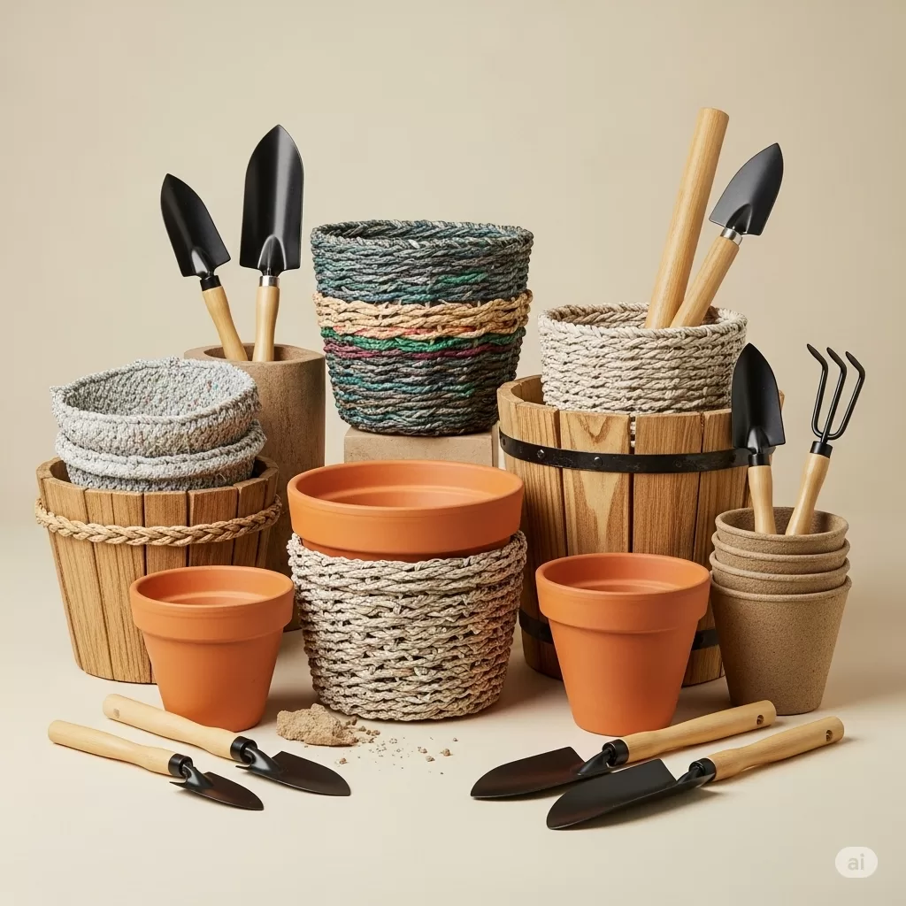 A imagem apresenta uma seleção profissional de vasos e ferramentas de jardinagem, todos confeccionados a partir de materiais sustentáveis. Vasos de terracota, cestos de vime, e recipientes de madeira reaproveitada compõem a variedade, enquanto ferramentas de bambu e plástico reciclado são exibidas ao redor. A iluminação de estúdio suave e neutra realça as texturas e as cores terrosas dos materiais, transmitindo uma sensação de harmonia orgânica. A composição destaca a qualidade e a inovação em práticas de jardinagem eco-friendly, enfatizando a beleza e a funcionalidade de optar por recursos sustentáveis.