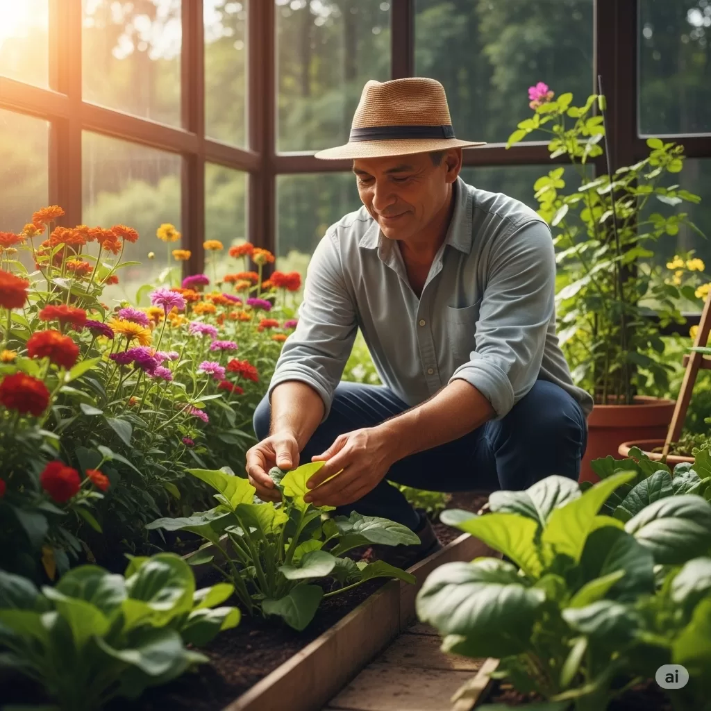 A imagem retrata um homem, provavelmente de meia-idade, cuidando de uma pequena horta de vegetais sob a luz do sol. Suas mãos estão suavemente tocando uma planta verde e exuberante, transmitindo uma sensação de carinho e conexão com a natureza. O jardim é repleto de cores vibrantes de flores e vegetais saudáveis, sugerindo abundância e nutrição. A postura relaxada e o sorriso gentil do homem irradiam contentamento, reforçando a ideia de que o ato de cultivar plantas contribui para o bem-estar e a tranquilidade no dia a dia.
