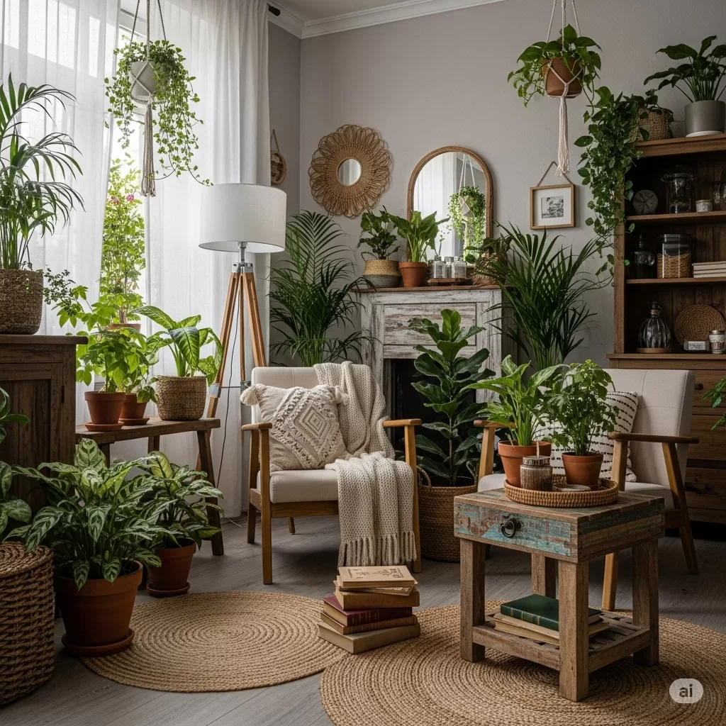 Ambiente acolhedor com diversas plantas de interior e decoração natural