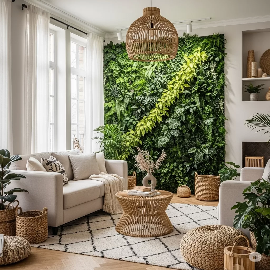 sala de estar decorada com elementos naturais e um jardim vertical impactante