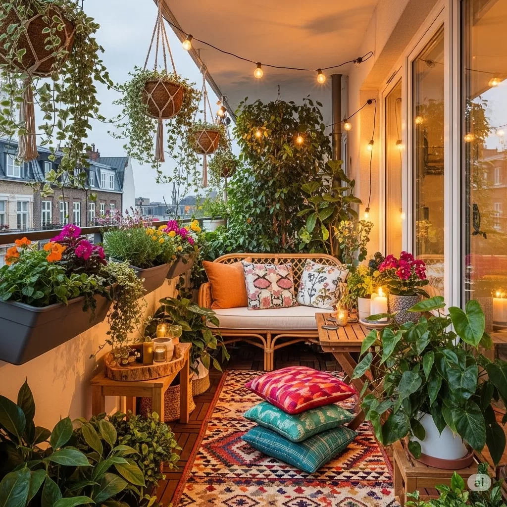 uma varanda urbana transformada com plantas exuberantes e decoração harmoniosa