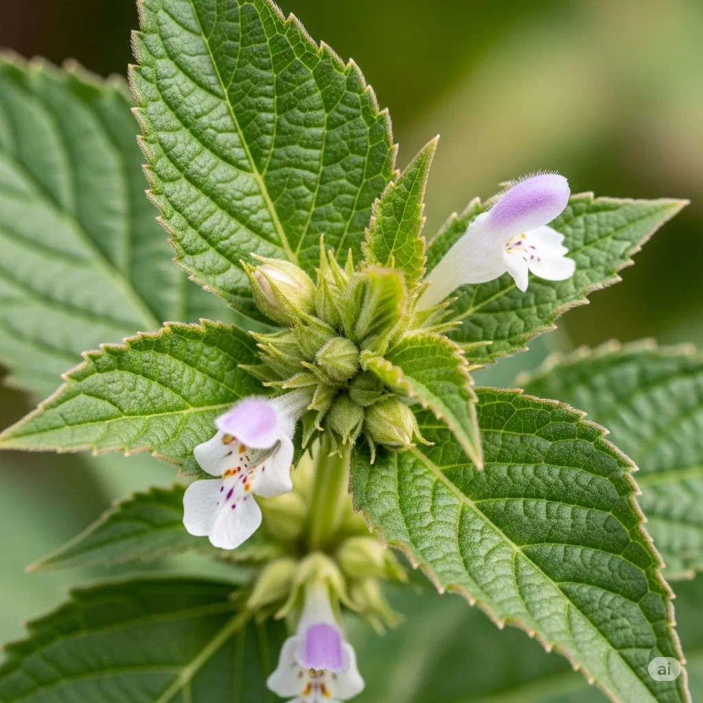 close-up de folhas e flores de uma planta de exterior, destacando suas características morfológicas