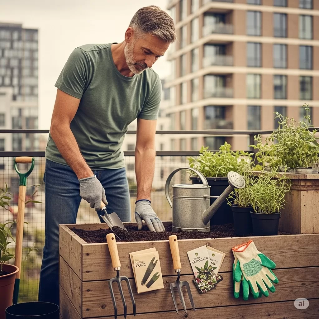Alguém preparando o solo em um pequeno jardim urbano ou varanda, utilizando ferramentas e insumos de jardinagem.