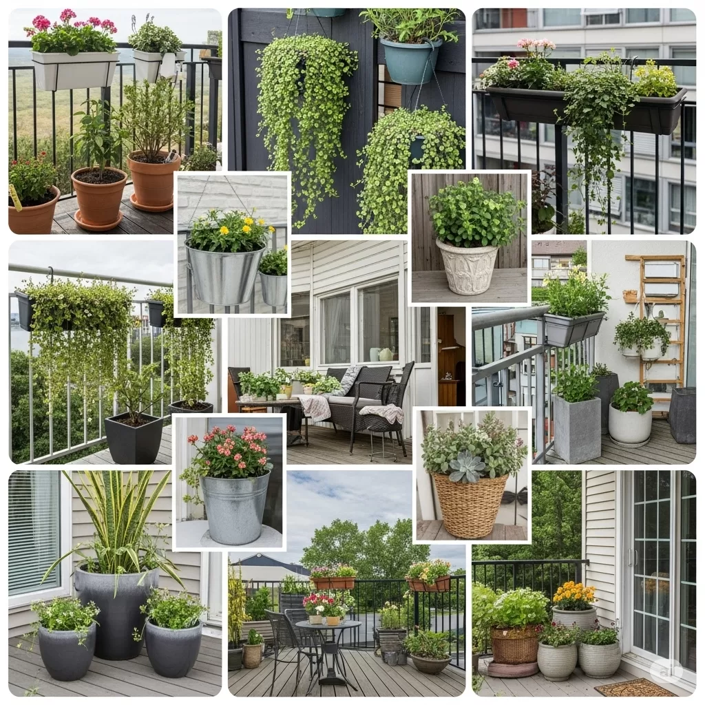 montagem de diferentes tipos de vasos e jardineiras, com exemplos de arranjos em varandas e balcões.