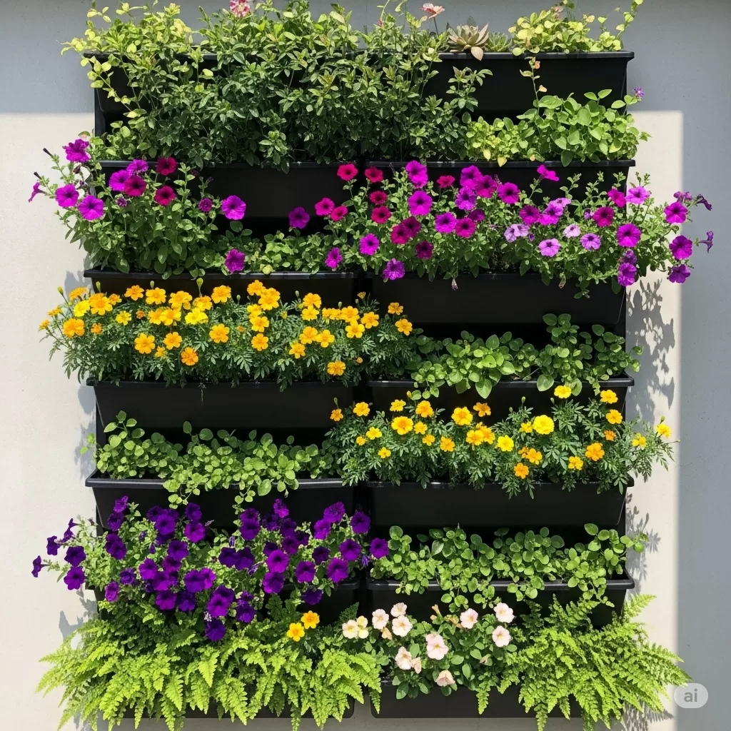 um jardim vertical instalado em uma parede externa, com múltiplos níveis e variedade de plantas, cada detalhe destacando a beleza do arranjo.