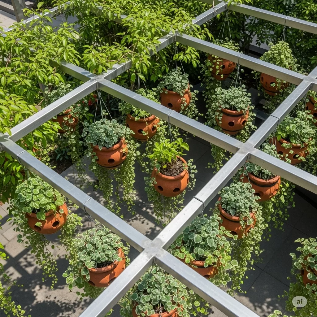 Uma composição de jardim suspenso com vasos decorativos pendurados em uma estrutura metálica, destacando uma estética moderna e natural.