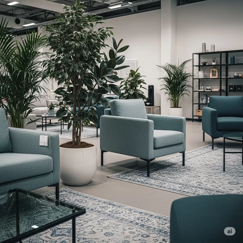 uma composição urbana que mistura móveis modernos de design com vasos de plantas, criando um espaço harmonioso e acolhedor.