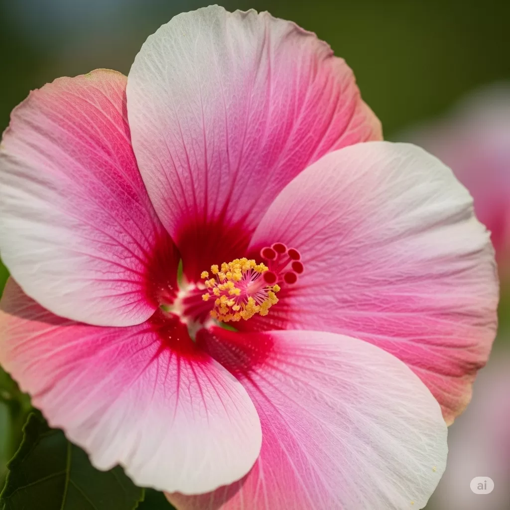 close-up de uma flor de hibisco em plena floração, destacando as cores e os detalhes das pétalas.