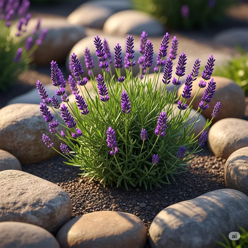 Uma lavanda plantada em um jardim de pedras, deixando transparecer tanto a cor quanto sua textura.