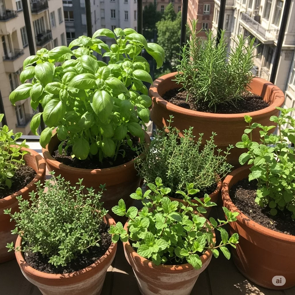 Arranjo de ervas aromáticas em um balcão, evidenciando as folhas verdes e a rusticidade dos vasos rústicos, ideal para ambientes urbanos.