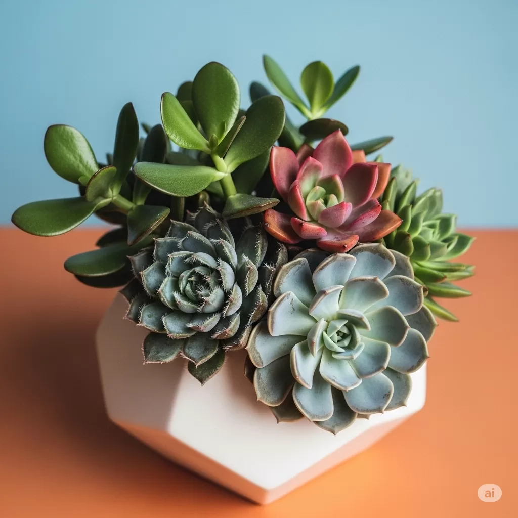 Uma composição de suculentas dispostas em um elegante vaso geométrico, destacando a textura e as cores vibrantes das folhas.