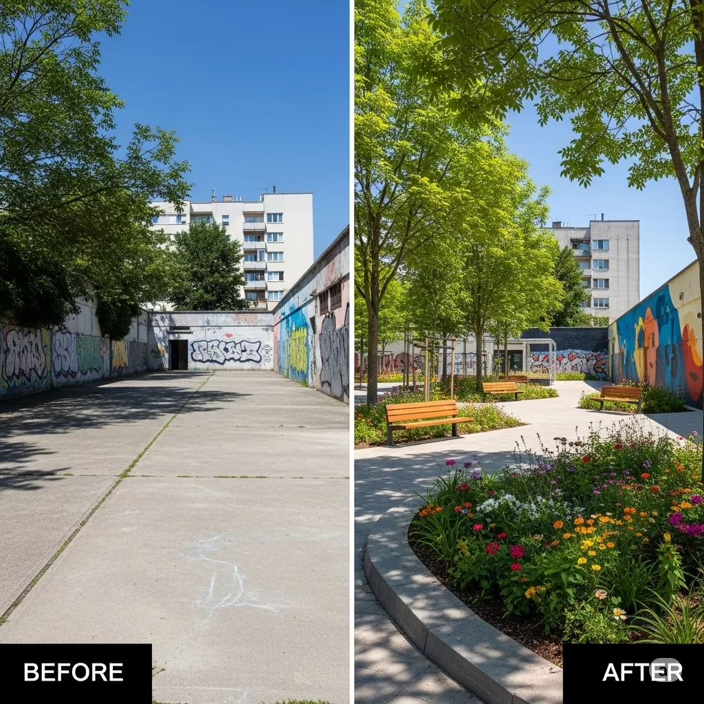 Fotos de "antes e depois" de um espaço urbano reformado com paisagismo, destacando a evolução do projeto.