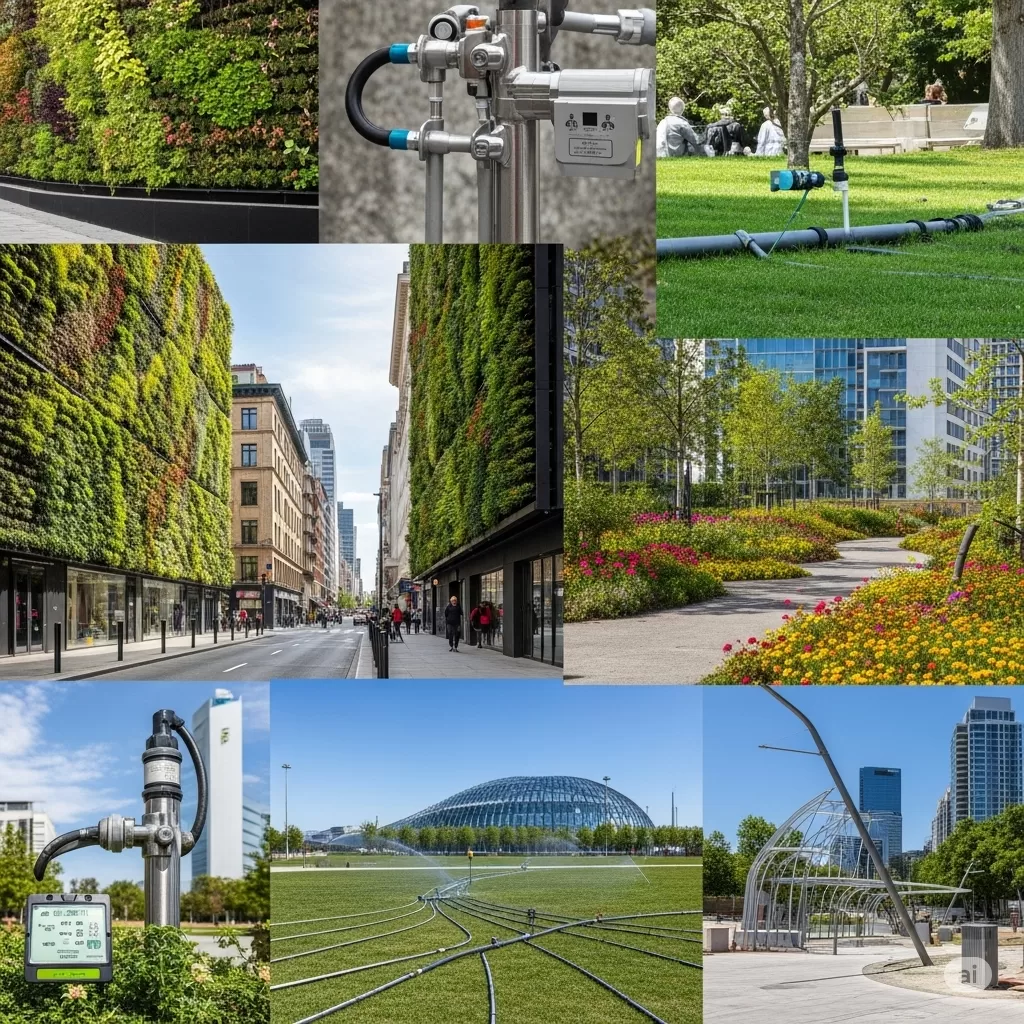 Colagem com exemplos de espaços urbanos com murais verdes, jardins temáticos e sistemas tecnológicos de irrigação, ilustrando tendências inovadoras.