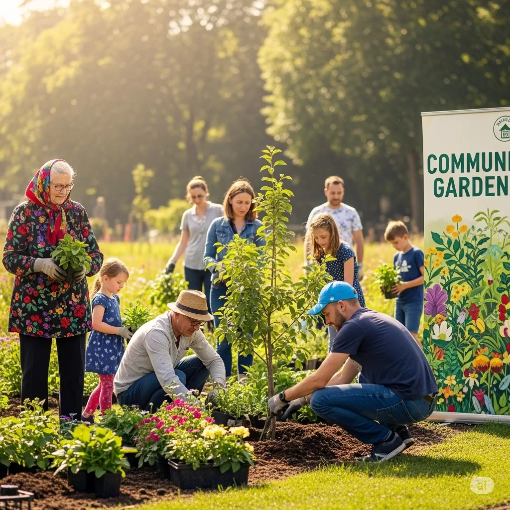 Pessoas participando de um mutirão de jardinagem comunitária, evidenciando a união e o impacto social do paisagismo.