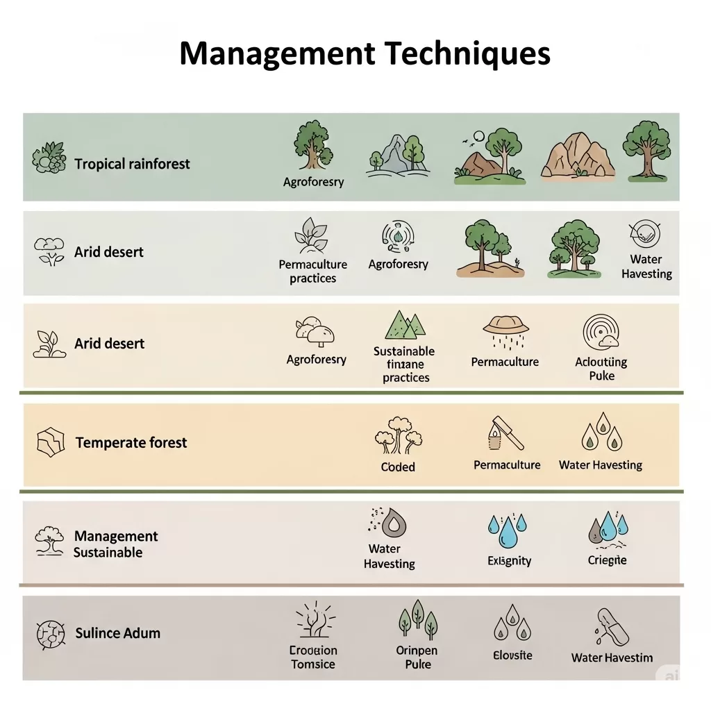 Um quadro comparativo com diversas técnicas de manejo para diferentes climas, enfatizando soluções sustentáveis e inovadoras.