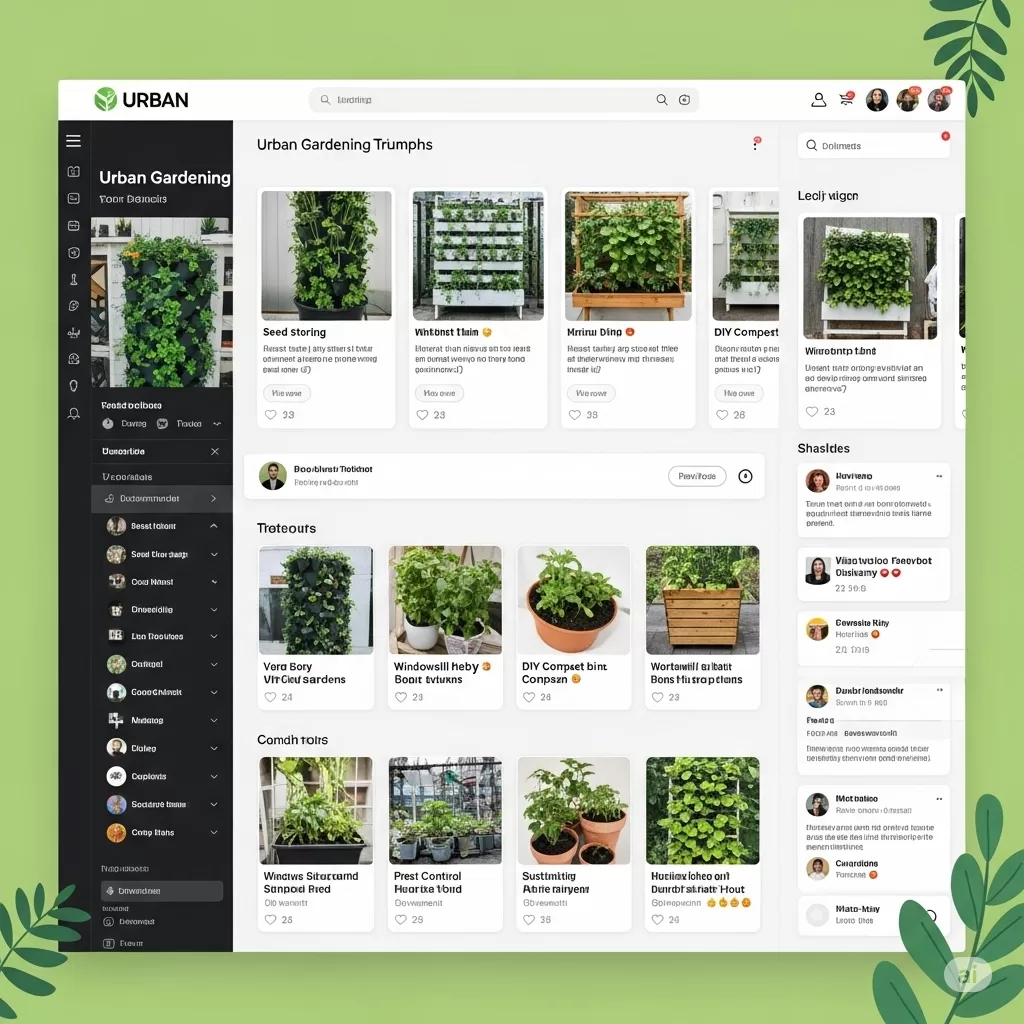 Captura de tela ou foto de uma comunidade online de jardinagem urbana, com posts inspiradores e dicas compartilhadas entre os membros.