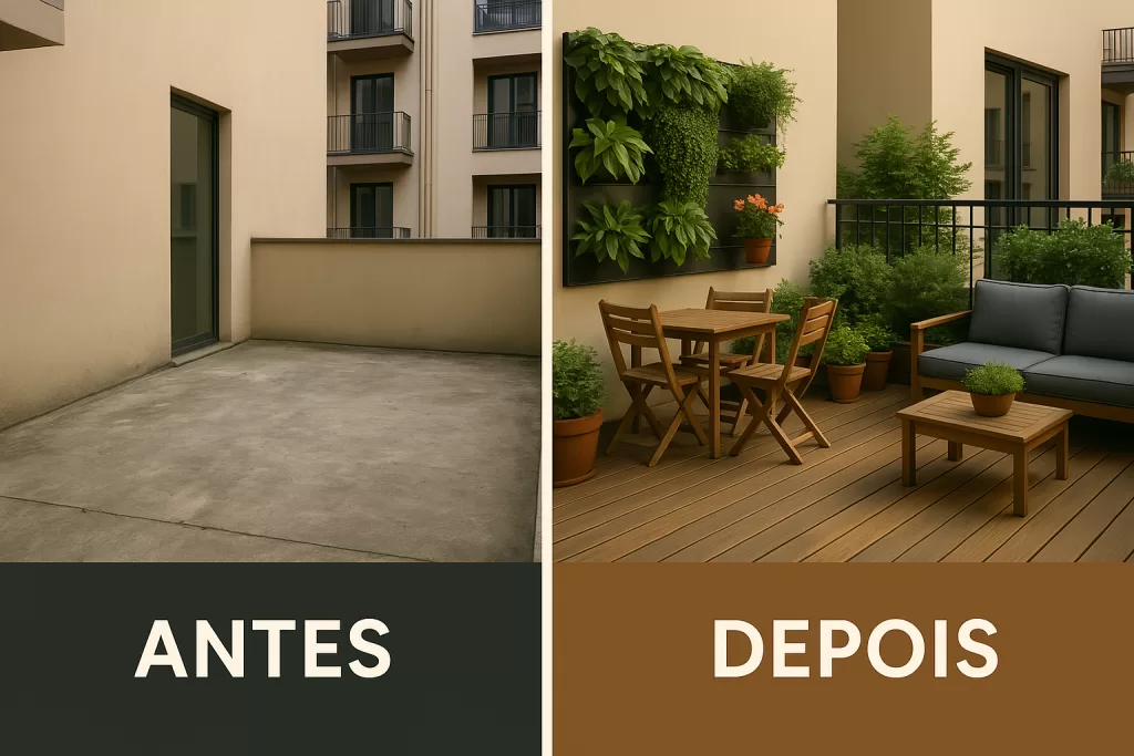 colagem de antes e depois de espaços urbanos transformados com projetos de paisagismo, evidenciando a diversidade de soluções e os resultados alcançados.