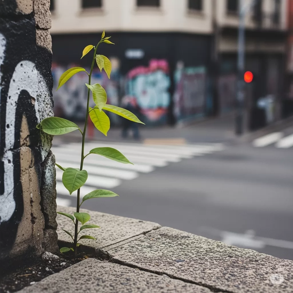 Fotografia de uma planta jovem crescendo em um ambiente urbano, simbolizando resiliência, esperança e a conexão com a natureza.