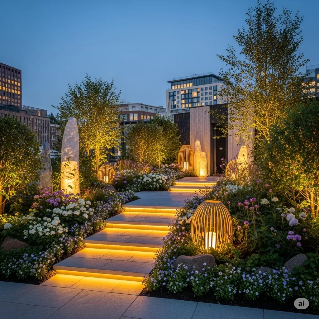 Foto final inspiradora de um ambiente completo com plantas, luzes e elementos decorativos, simbolizando a realização de um projeto de paisagismo urbano.
