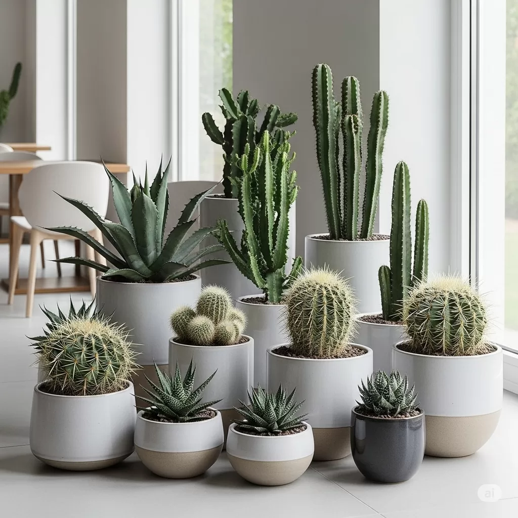 coleção de suculentas e cactos num ambiente decorado com design moderno.