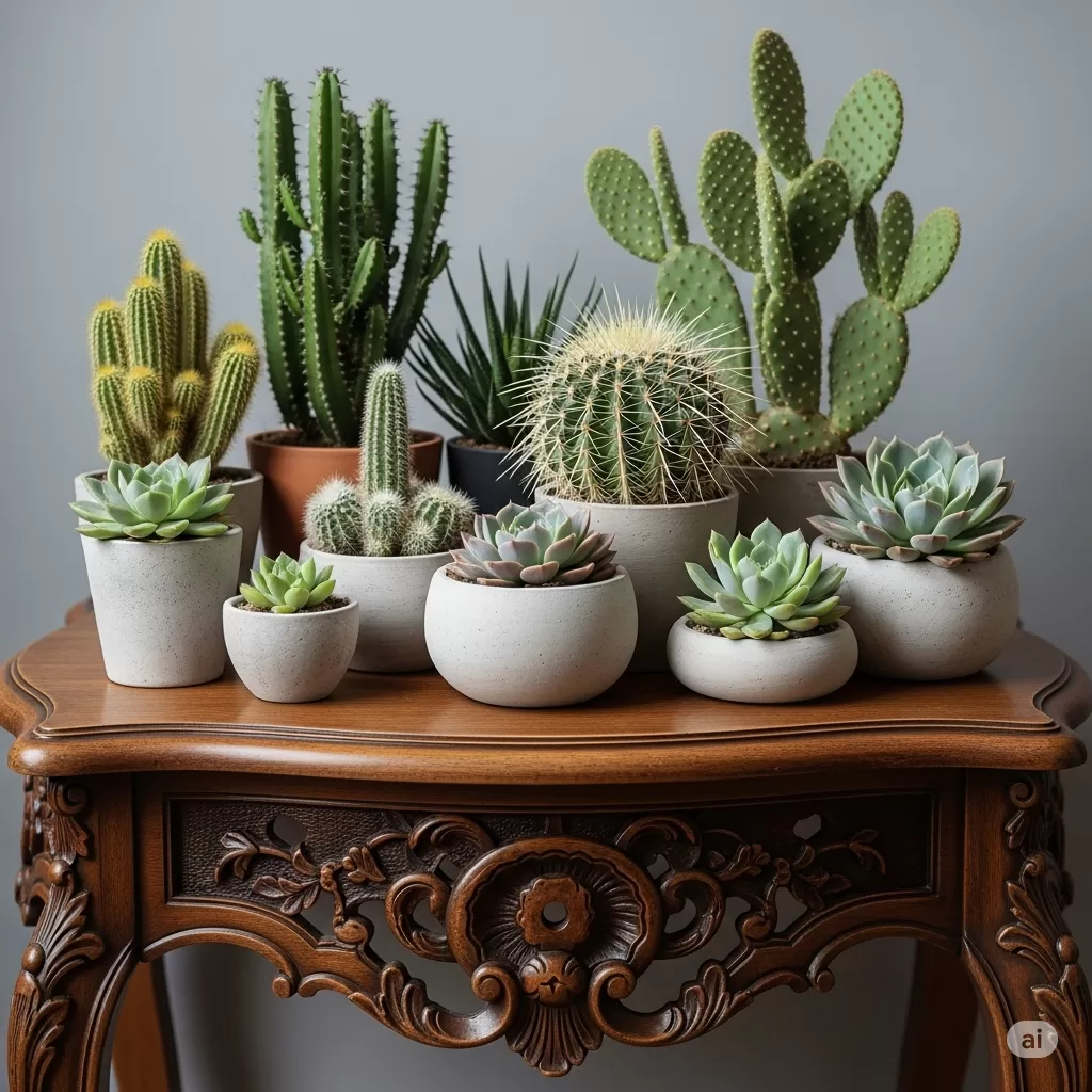 Uma mesa decorativa com arranjos de suculentas e cactos