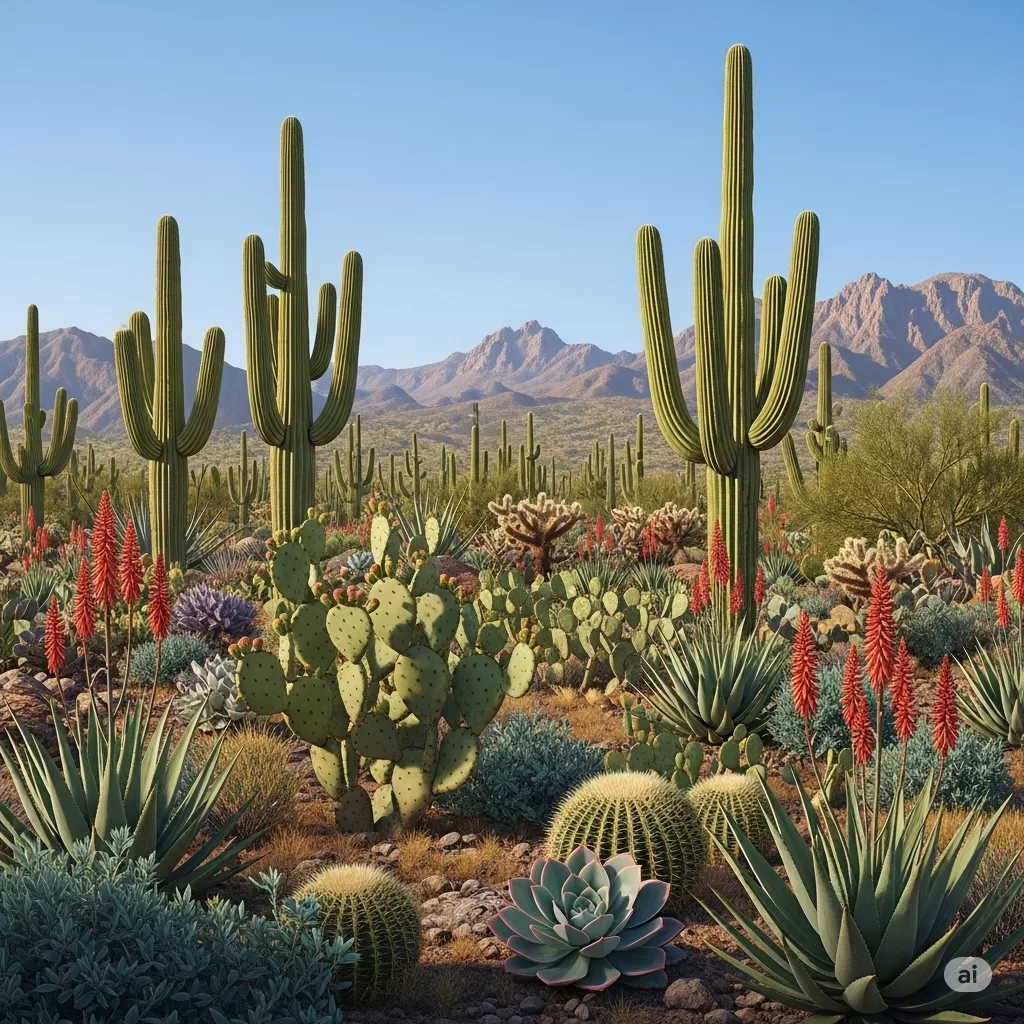 Ilustração de um deserto com diversas espécies de cactos e suculentas.