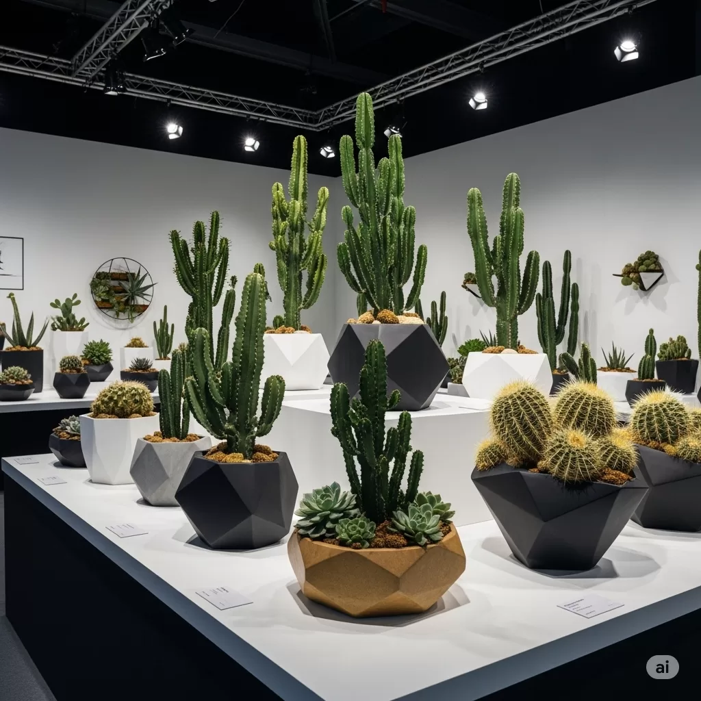 Exposição moderna de cactos e suculentas em um evento de design.
