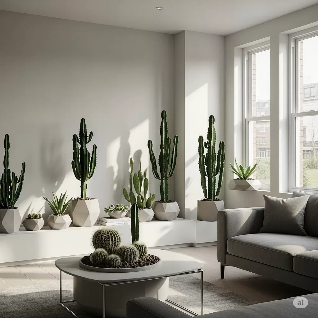 Um ambiente moderno com arranjos de cactos e suculentas integrados à decoração minimalista.