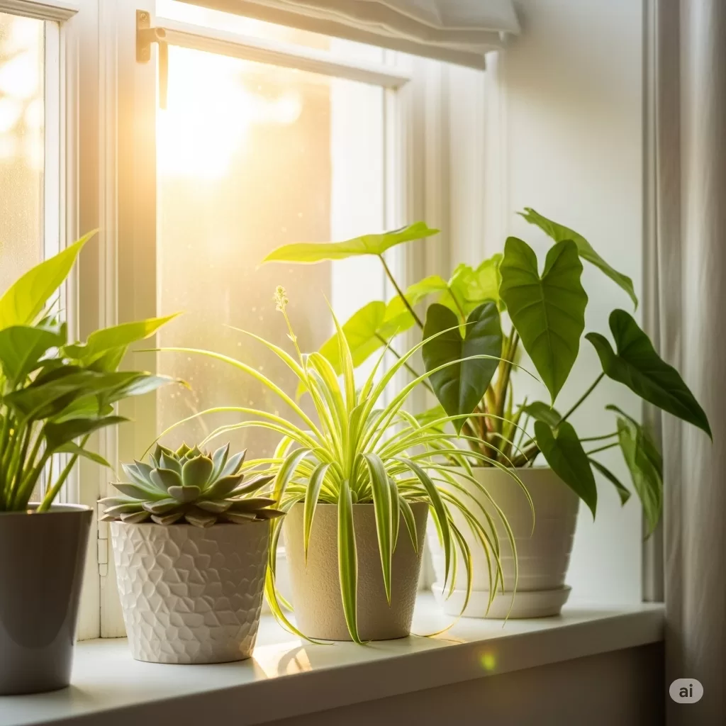 Plantas posicionadas em um parapeito com luz solar direta