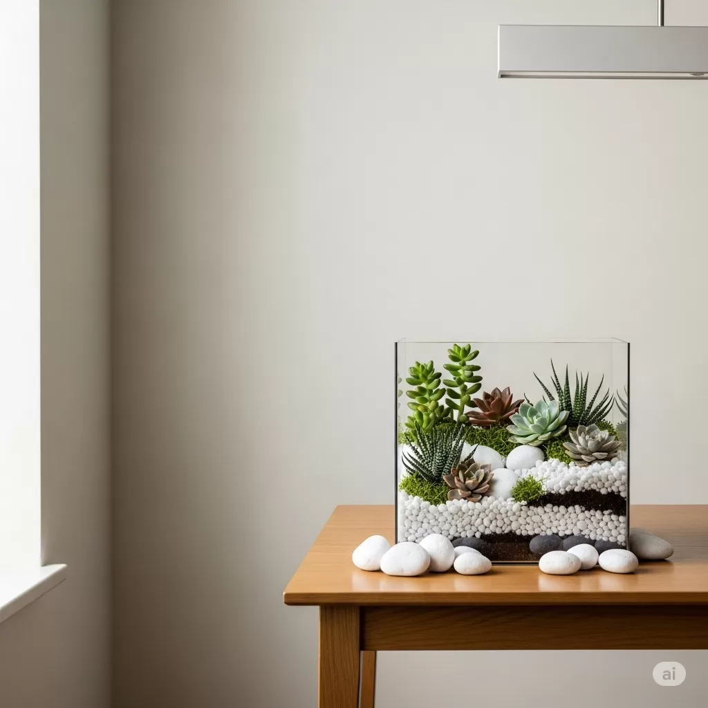 Imagem de um arranjo minimalista com um terrário composto de suculentas e pedras brancas, em um ambiente de design moderno