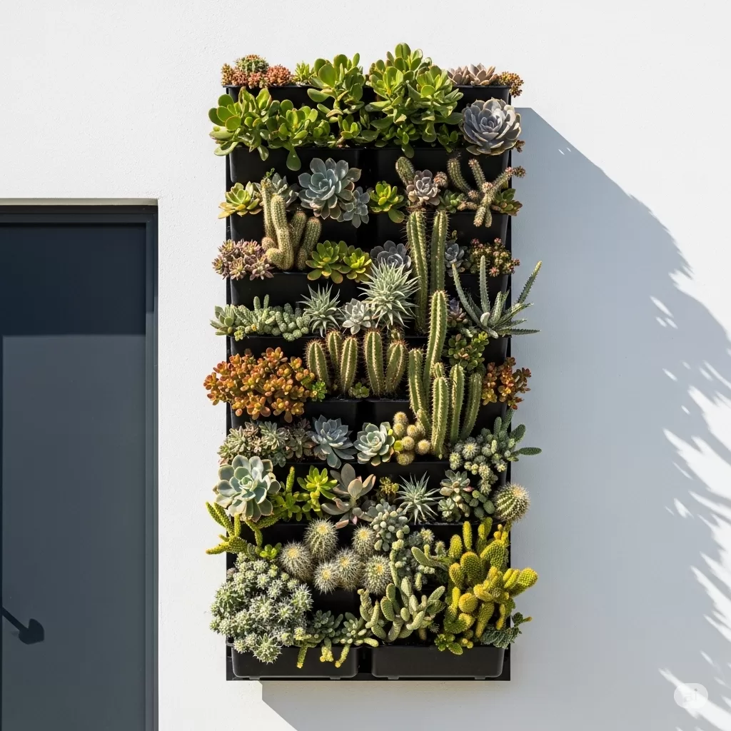 foto de um jardim vertical de suculentas e cactos numa parede moderna, destacando a variação de espécies e texturas