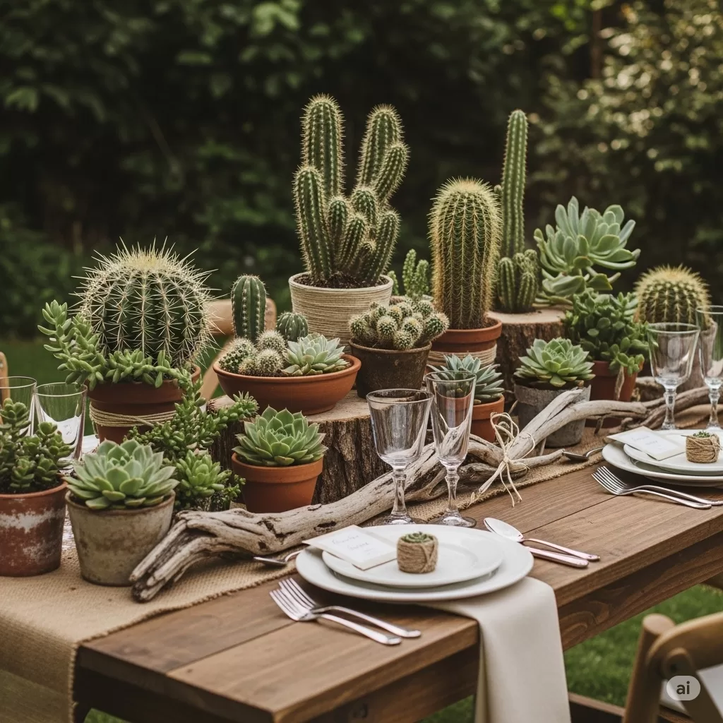 Mesa decorada com arranjos de suculentas, cactos e elementos rústicos, ideal para eventos temáticos ao ar livre.