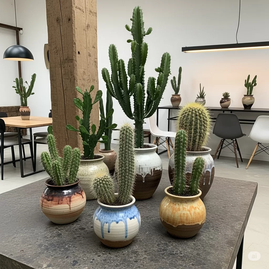 Design de interiores com vasos artesanais, onde cactos e suculentas compõem um ambiente que mistura o rústico com o moderno.