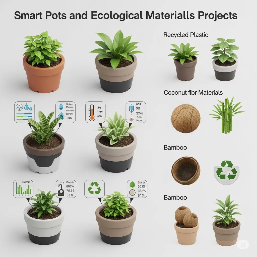 Infográfico sobre vasos inteligentes e materiais ecológicos aplicados em projetos de decoração com plantas