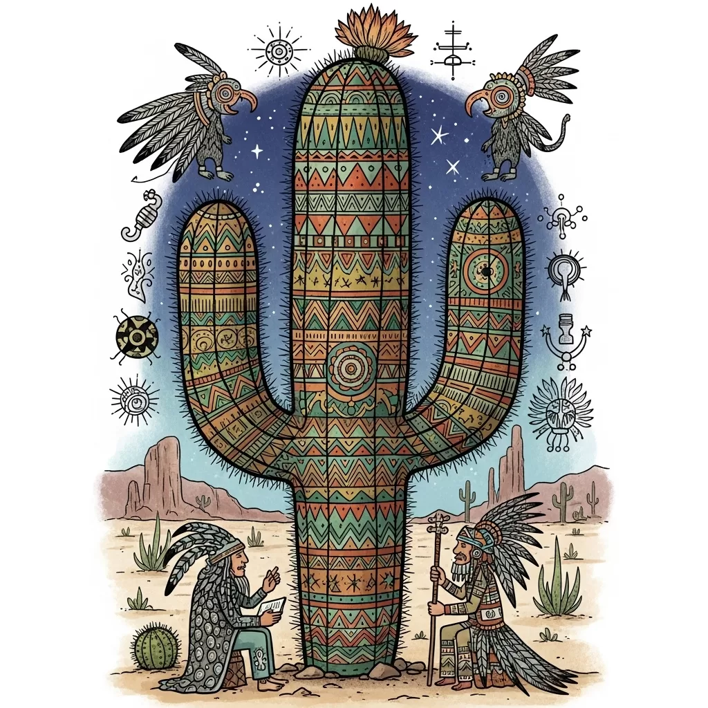 Ilustração artística de um cacto com elementos culturais, remetendo a tradições indígenas e lendas folclóricas