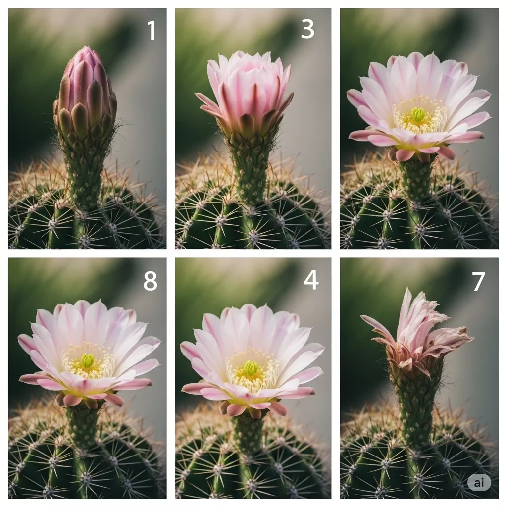 Sequência fotográfica que mostra um cacto florescendo, destacando as fases da floração e a transição da robustez para a delicadeza