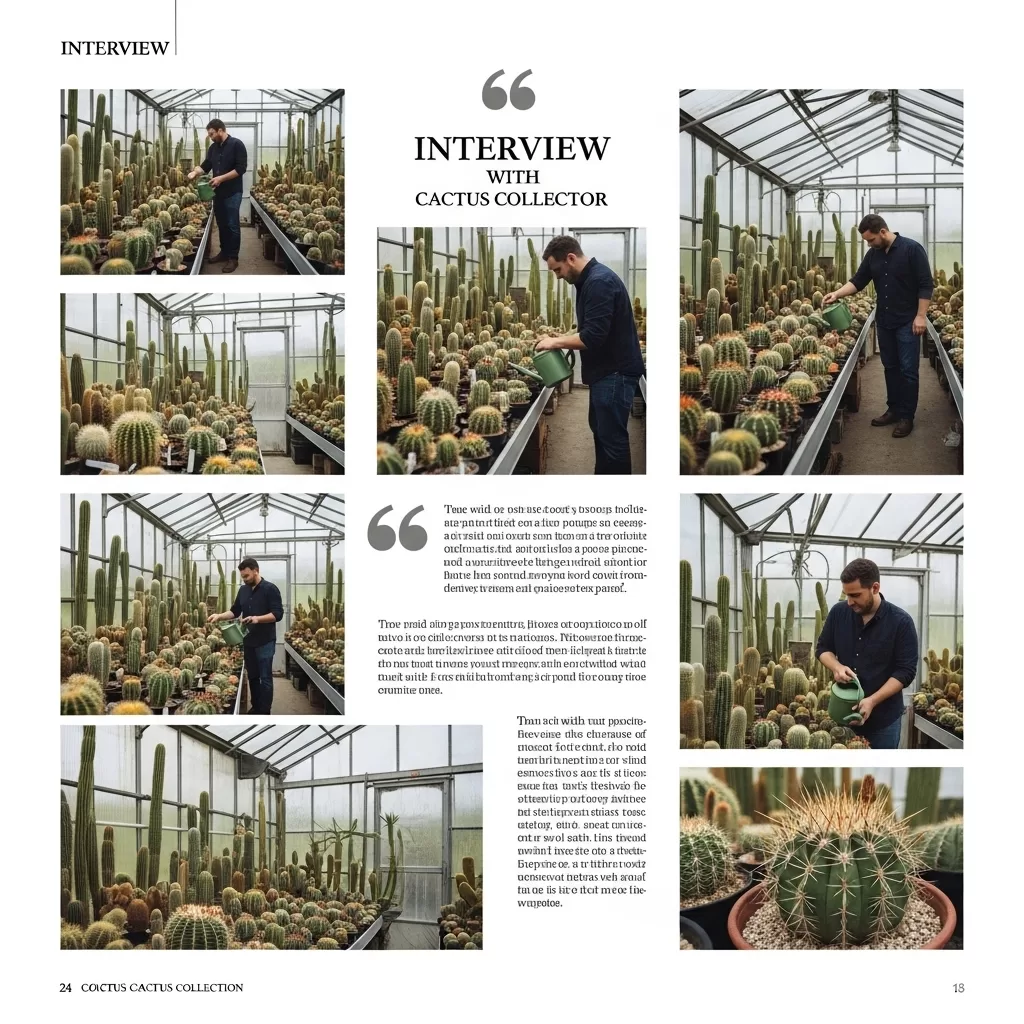 Entrevista ilustrada com um colecionador de cactos, acompanhado de fotos de sua coleção exuberante e diversificada. Deixe profissional e o mais realista possivel