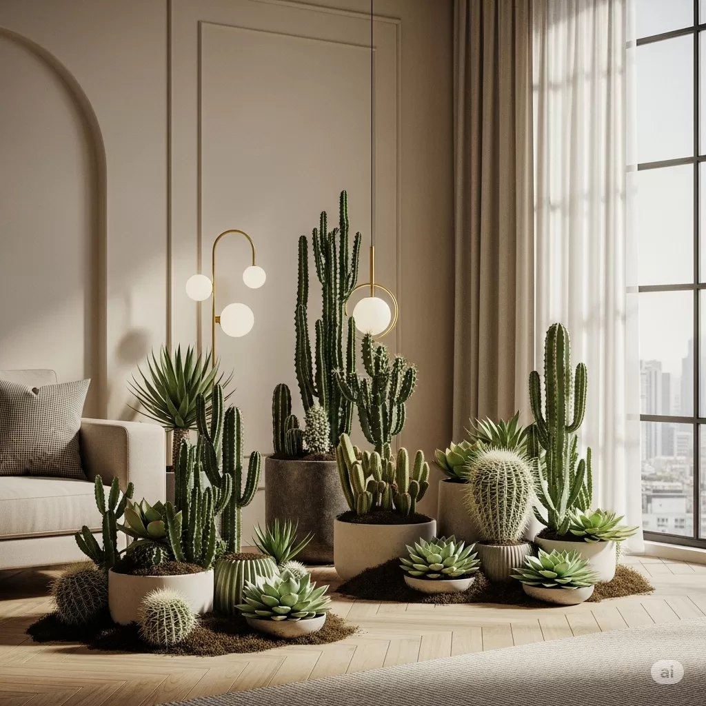 Composição final de um espaço decorado com suculentas e cactos harmoniosamente dispostos, irradiando tranquilidade e sofisticação