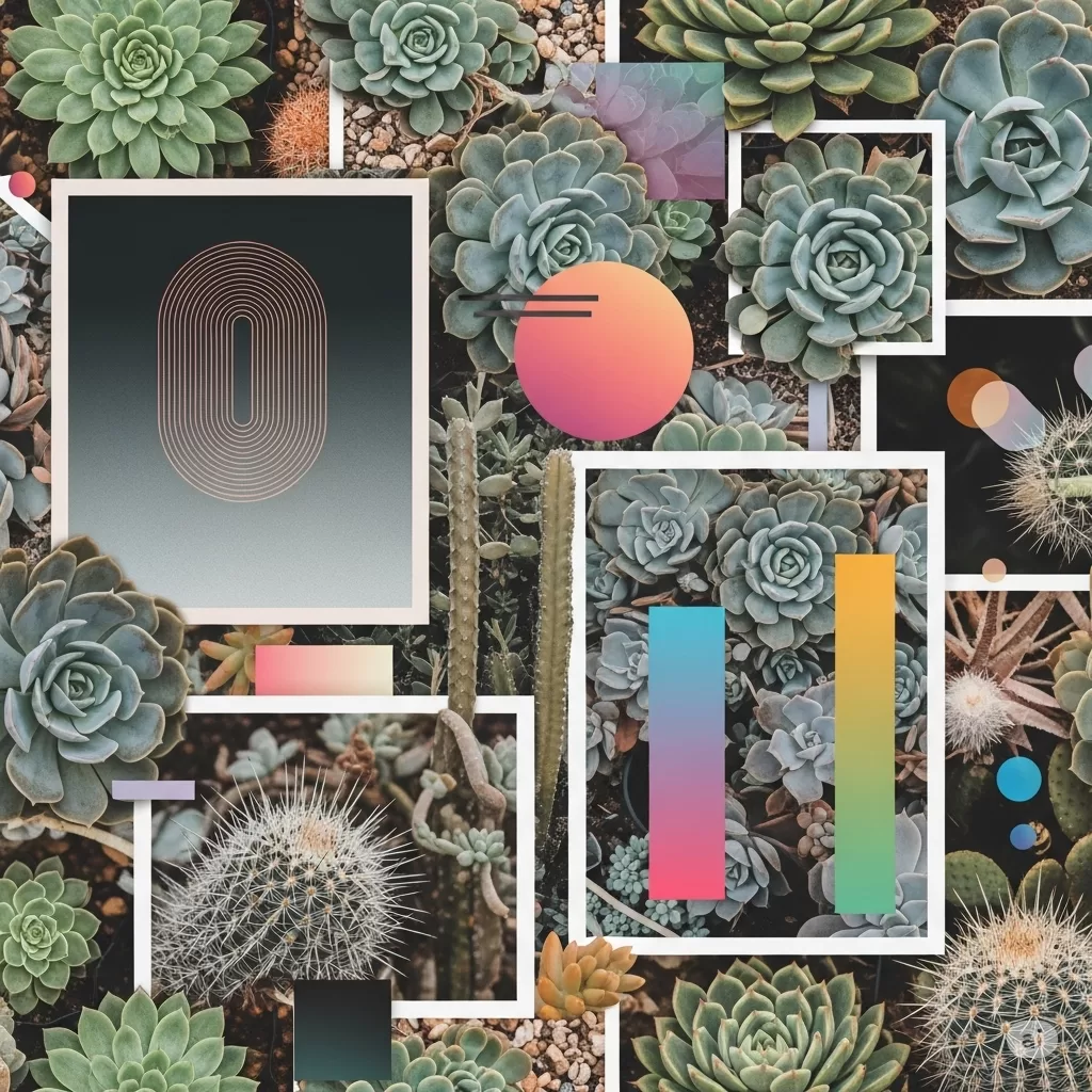 Colagem artística digital que une fotos de suculentas, cactos e elementos gráficos modernos, ilustrando a fusão entre arte e natureza
