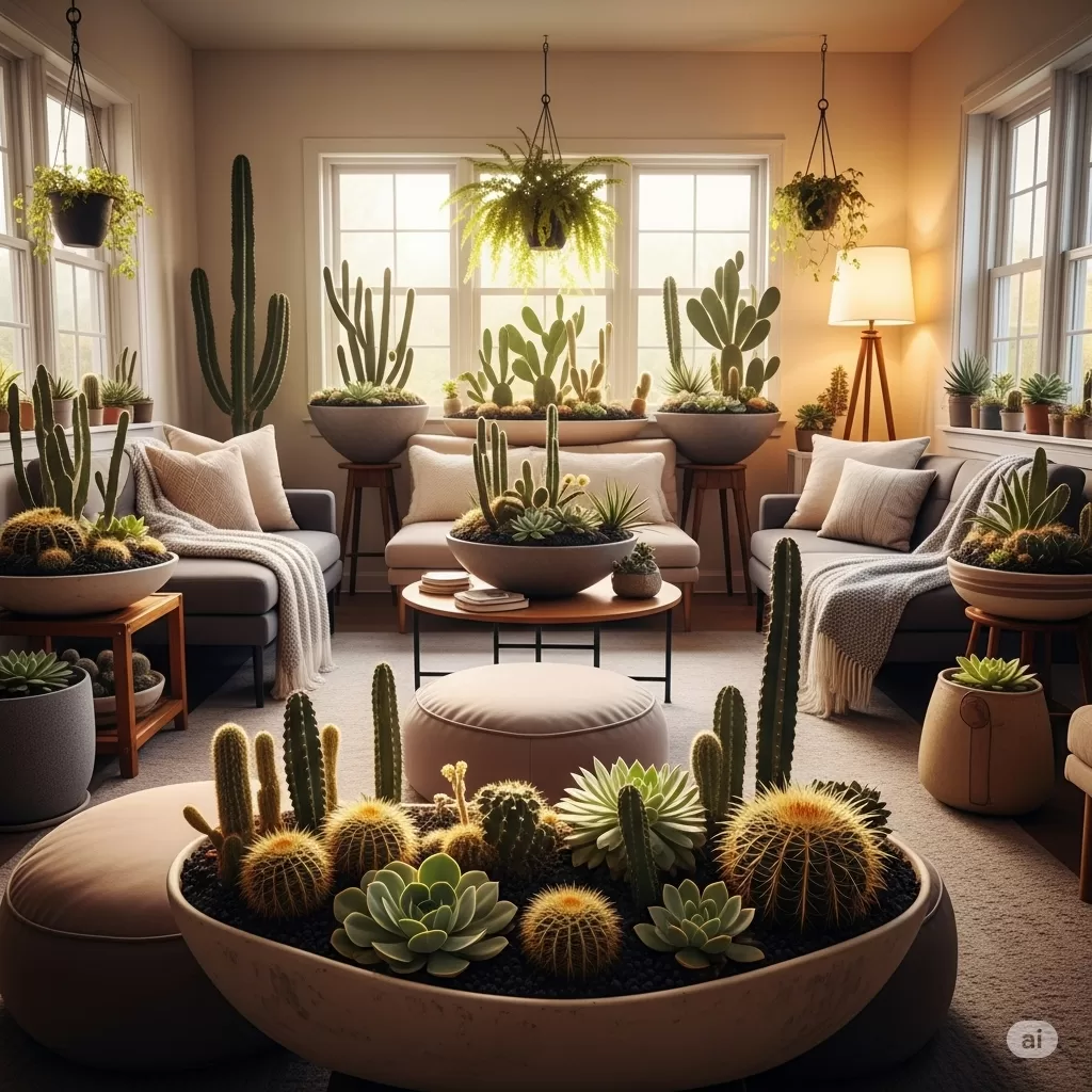 Espaço de convivência com iluminação suave e arranjos exuberantes de suculentas e cactos, simbolizando conforto e inspiração