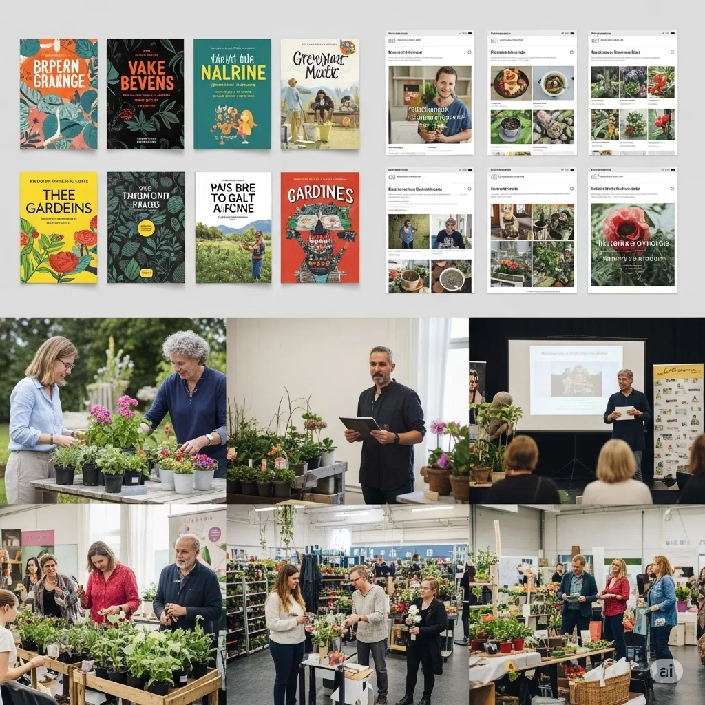Montagem de capas de livros, capturas de telas de blogs e fotos de feiras de jardinagem, ilustrando as diversas fontes de conhecimento disponíveis